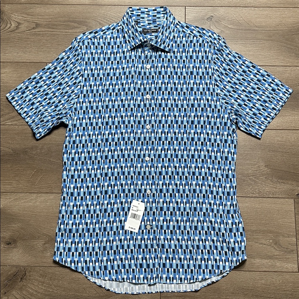 Saks Fifth Avenue Modern Fit Ibiza Blue Short‎ Sleeve Button Up Shirt Medium